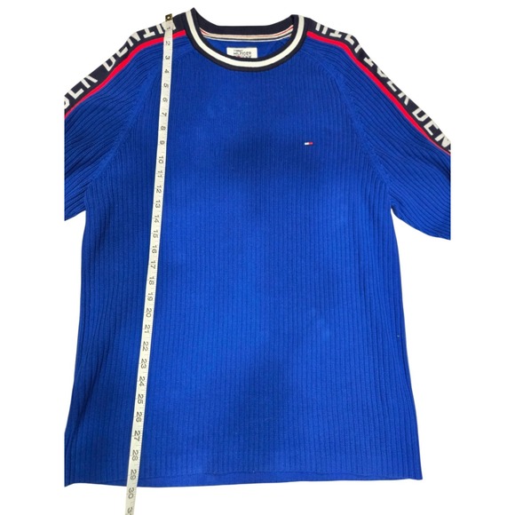 Tommy Hilfiger Denim Men's Ribbed Knit Sweater Blue Logo Tape Sleeves Size L - Picture 4 of 6